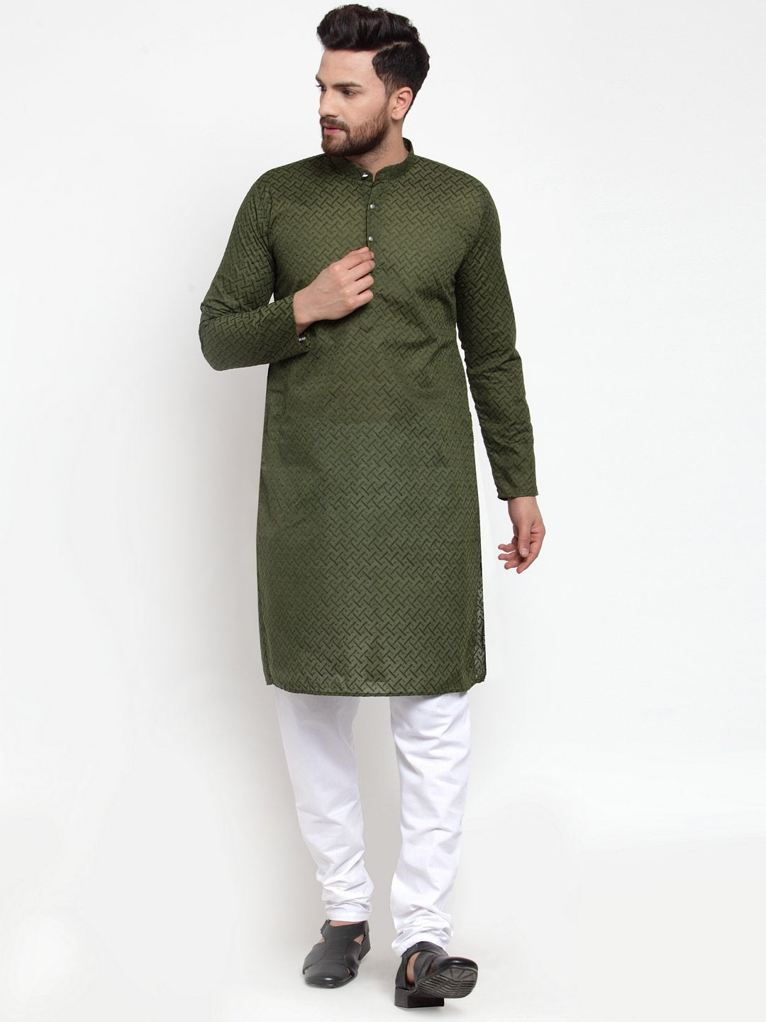 Jompers Men Olive Green Chikan Kurta Only 