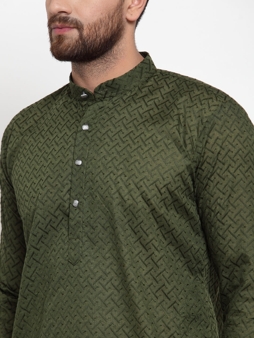 Jompers Men Olive Green Chikan Kurta with Churidar 
