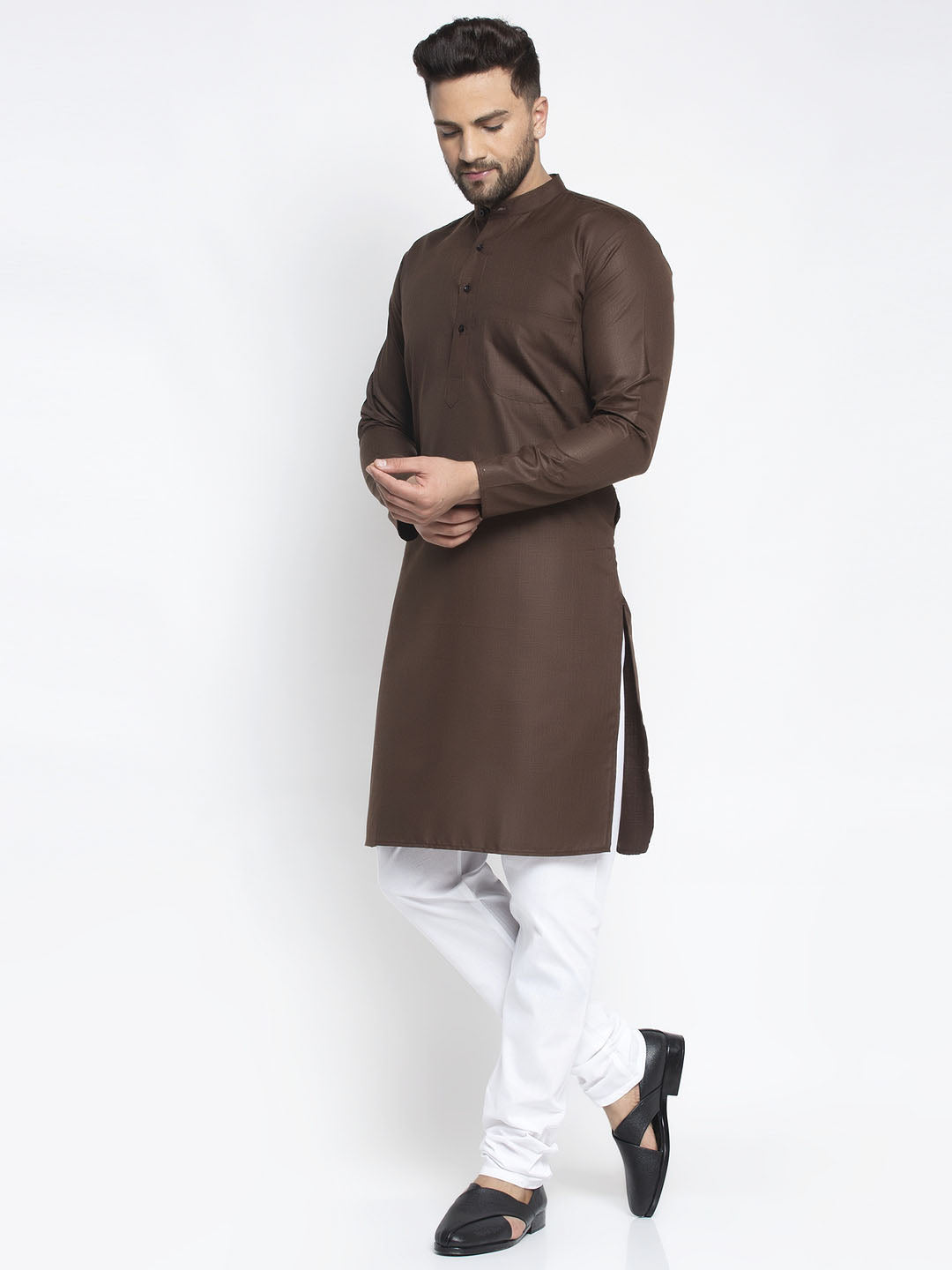 Jompers Men's Coffee Cotton Solid Kurta Only