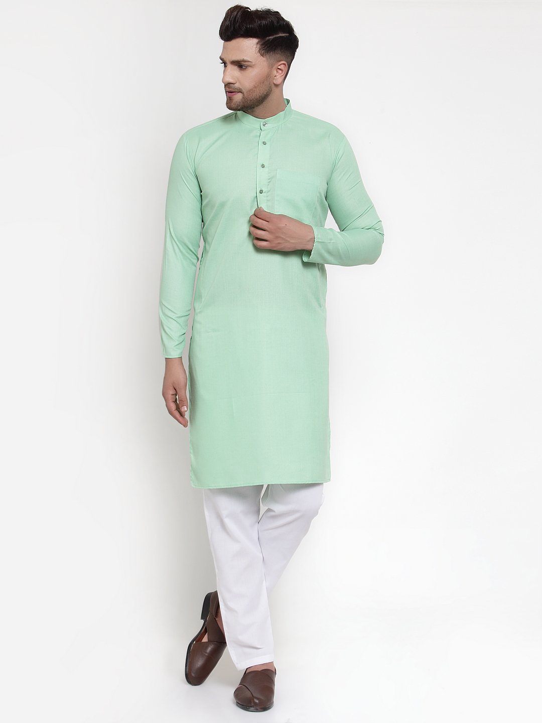 Jompers Men Green & White Solid Kurta Only