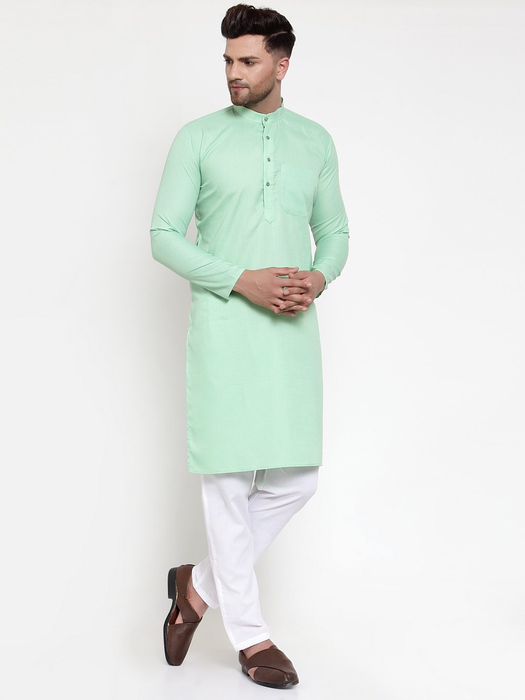 Jompers Men Green & White Solid Kurta Only