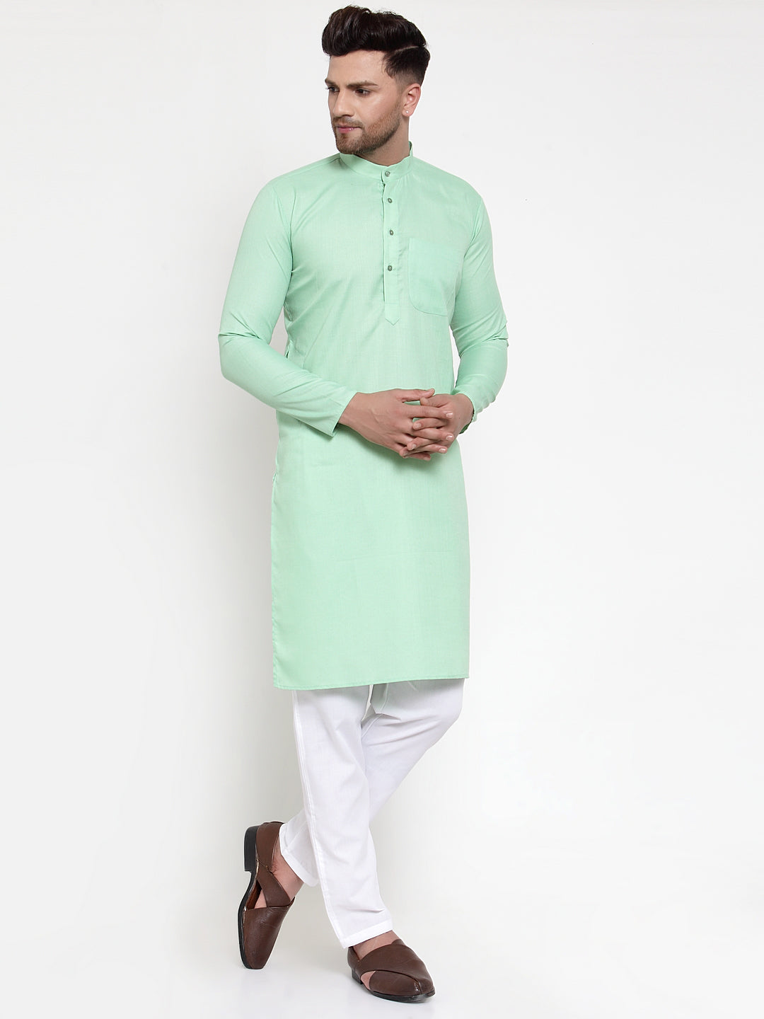 Jompers Men Green & White Solid Kurta with Churidar