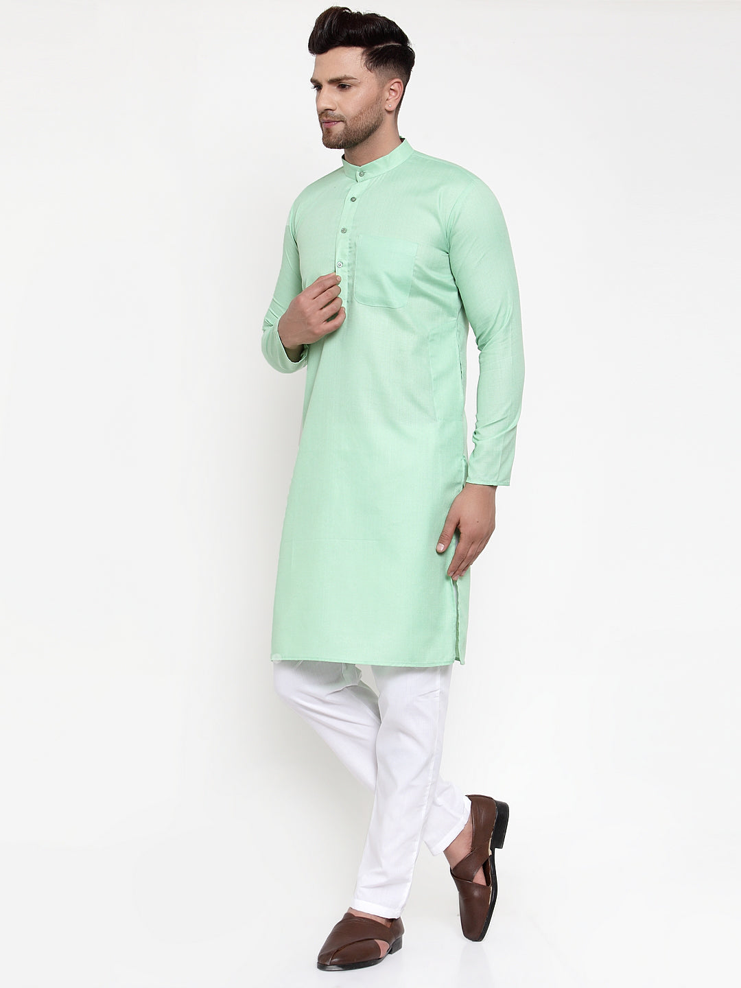 Jompers Men Green & White Solid Kurta with Churidar