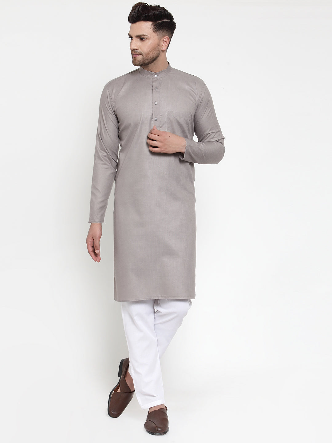 Jompers Men Grey & White Solid Kurta with Churidar