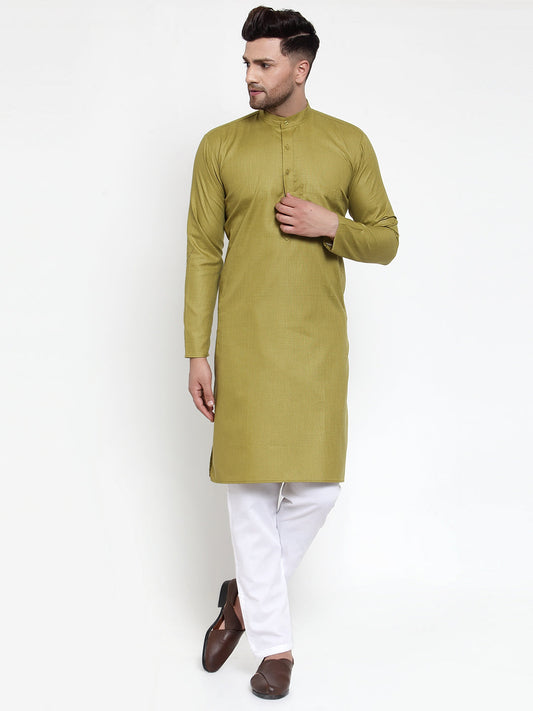 Jompers Men Olive Green & White Solid Kurta with Churidar 