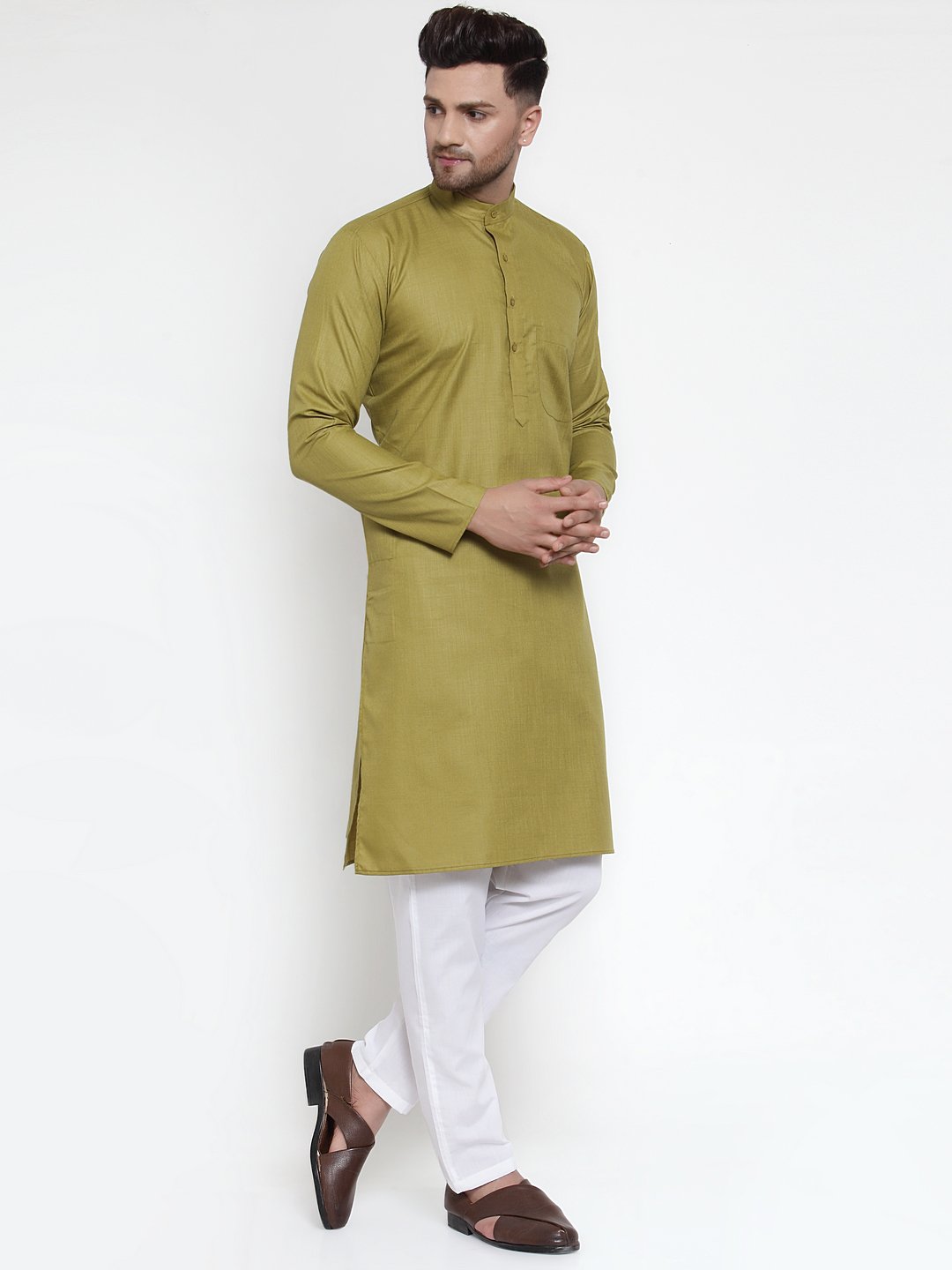 Jompers Men Olive Green & White Solid Kurta Only 