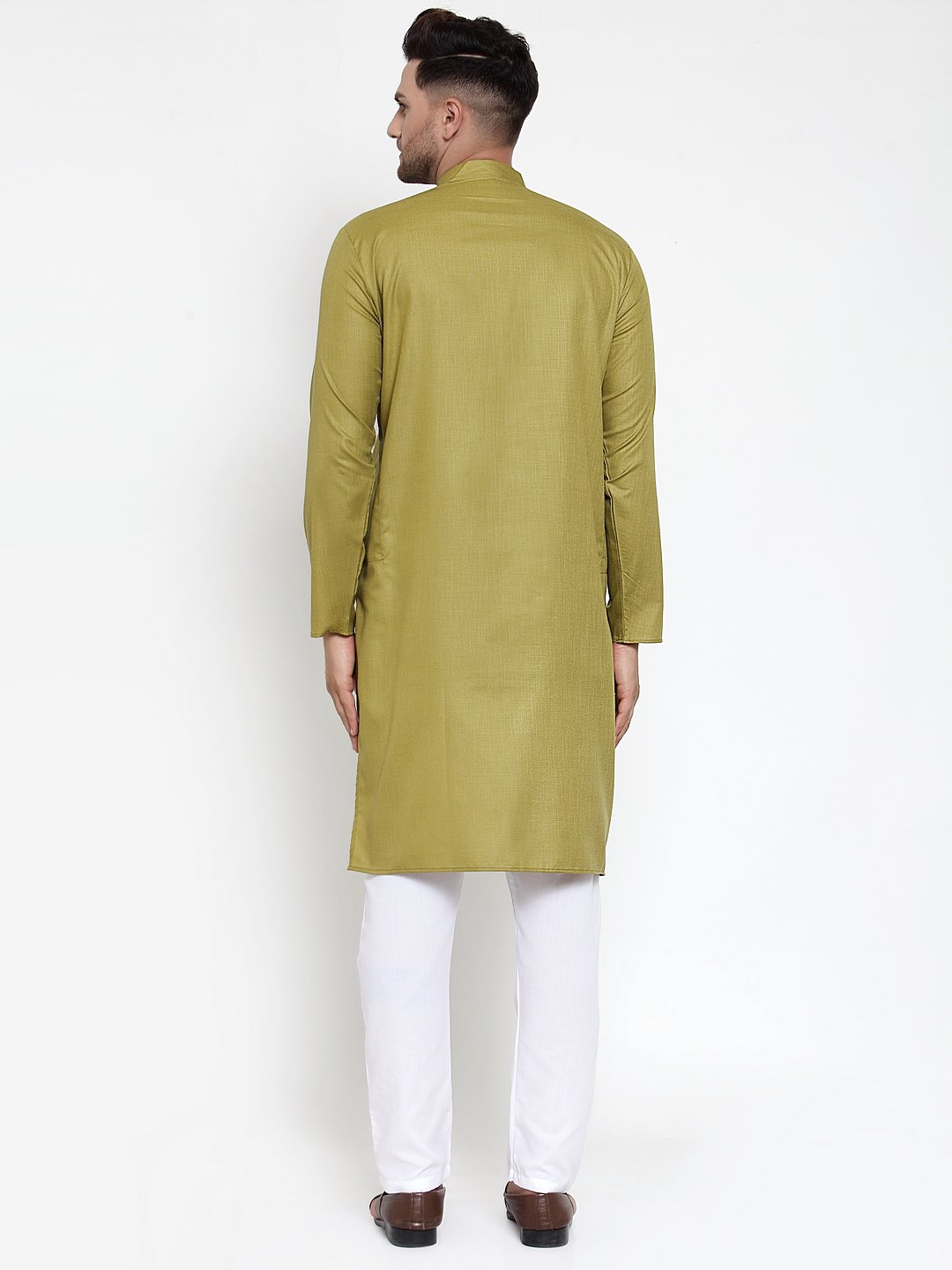 Jompers Men Olive Green & White Solid Kurta Only 