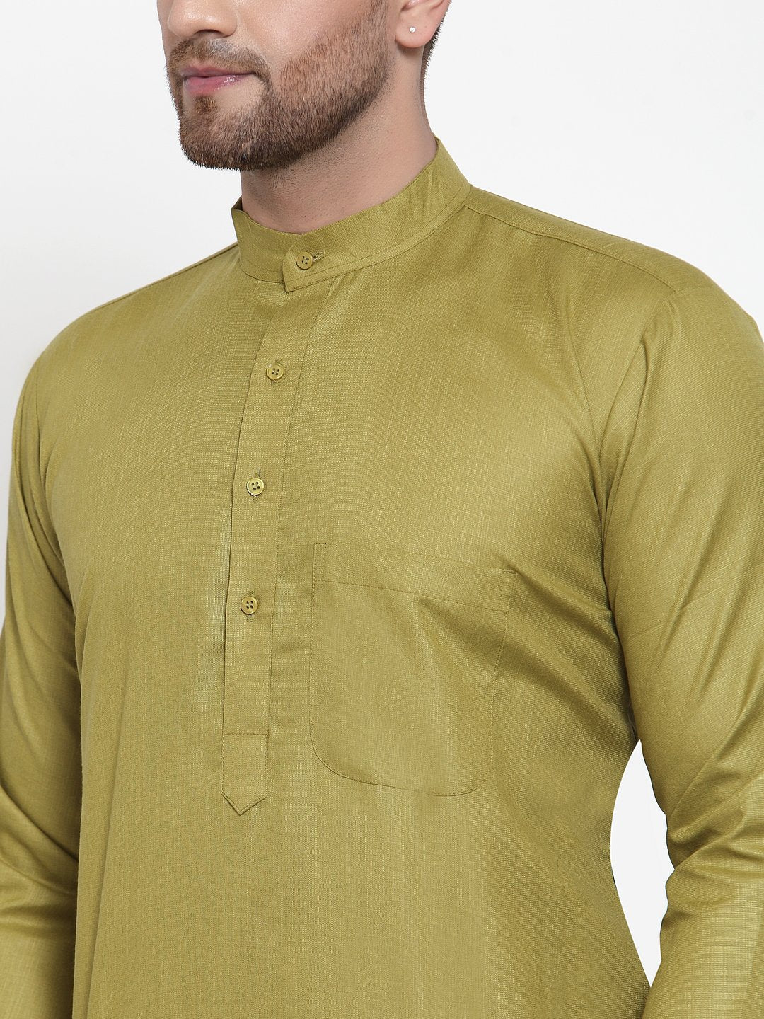 Jompers Men Olive Green & White Solid Kurta Only 