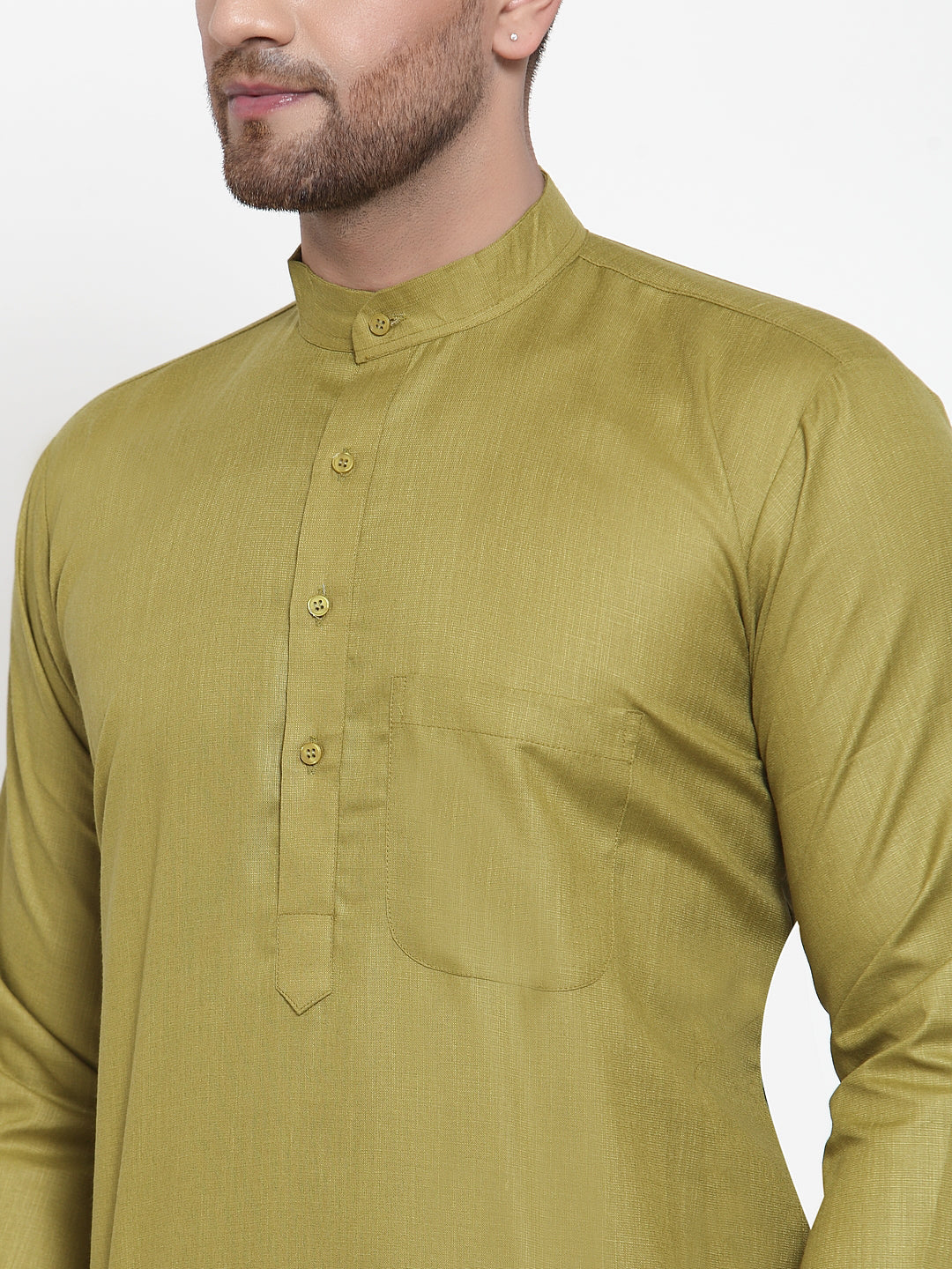 Jompers Men Olive Green & White Solid Kurta with Churidar 