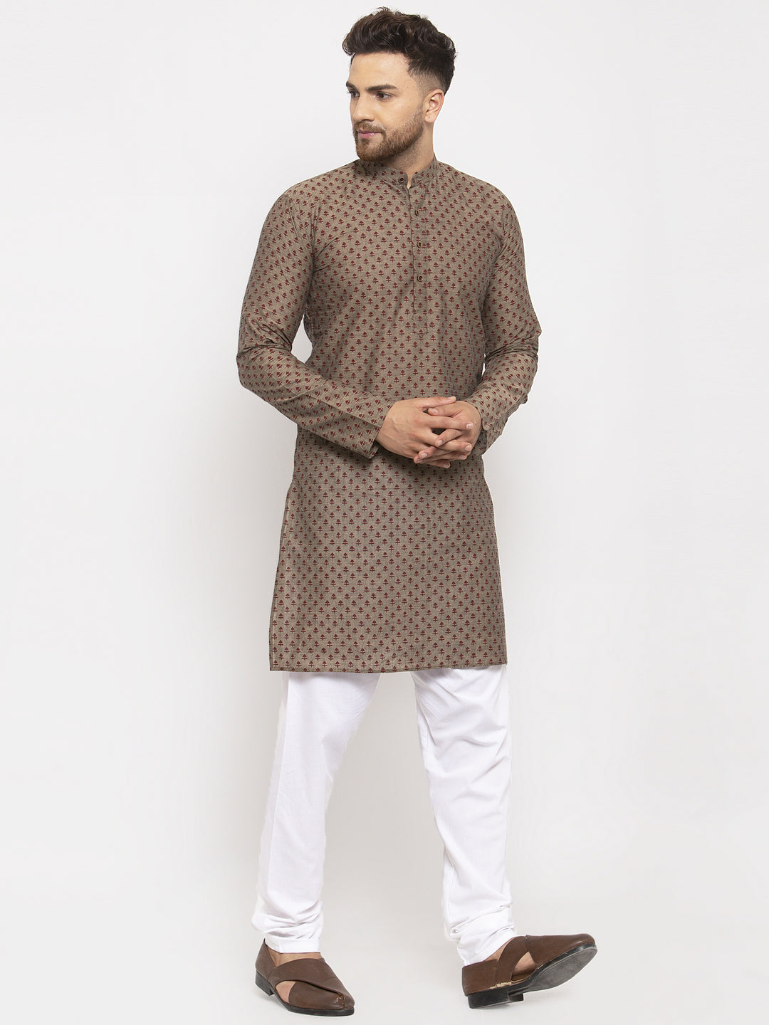 Jompers Men Grey Cotton Printed Kurta with Pyjamas