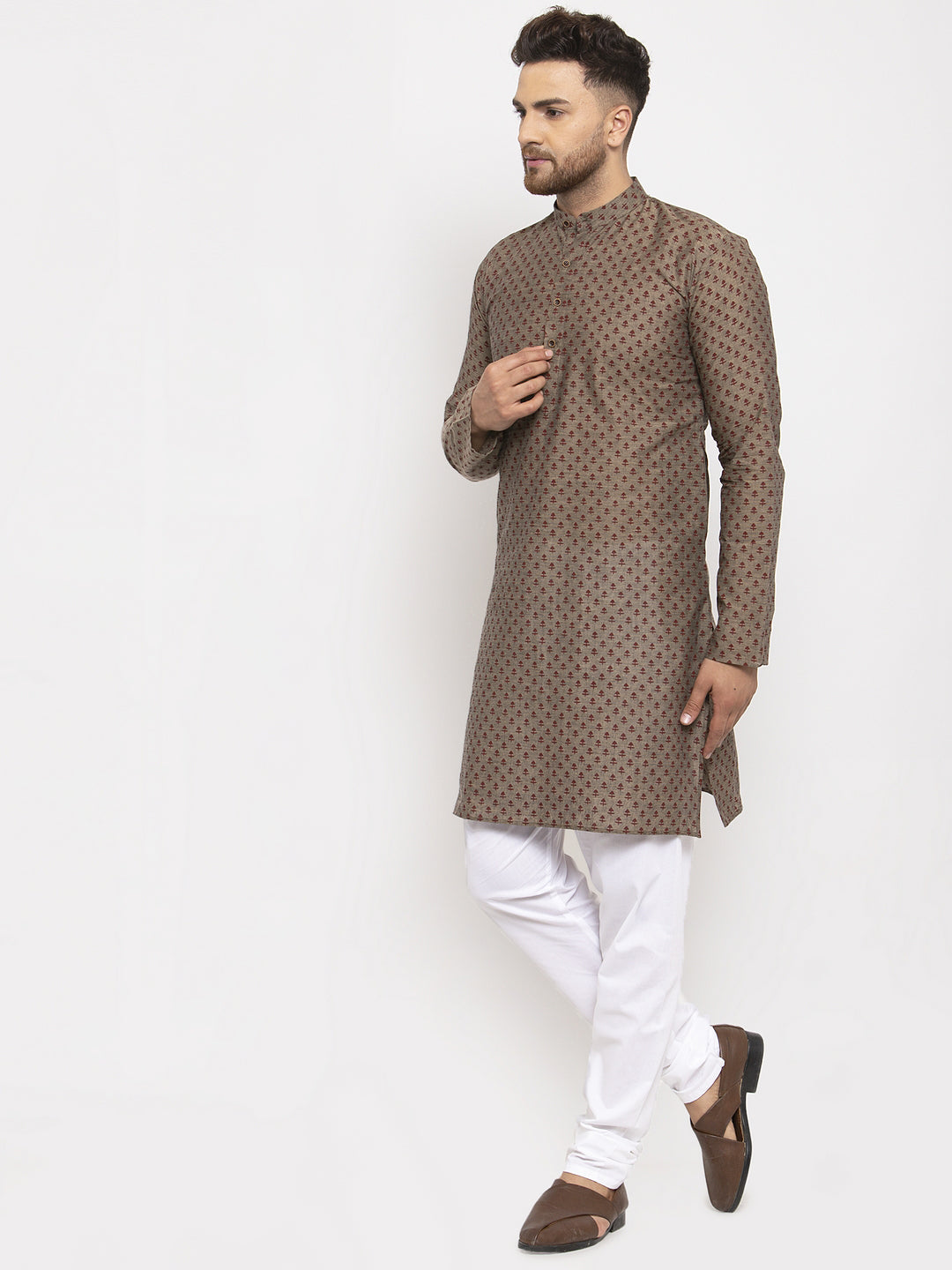 Jompers Men Grey Cotton Printed Kurta with Pyjamas