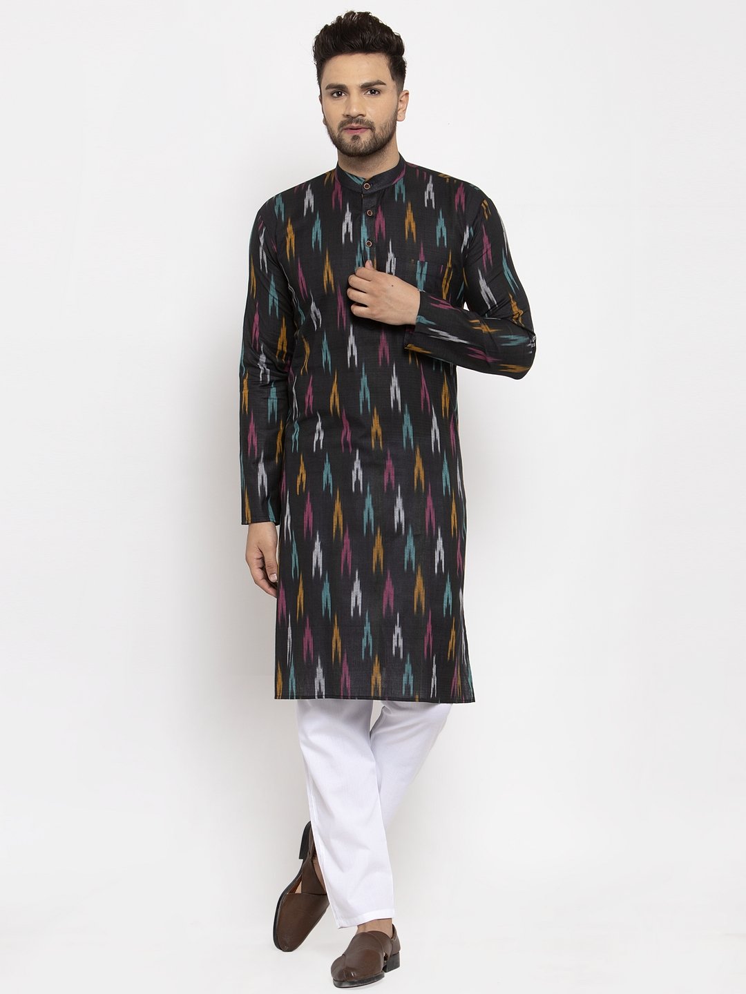 Jompers Men Black Woven Design Ikkat Straight Kurta Only