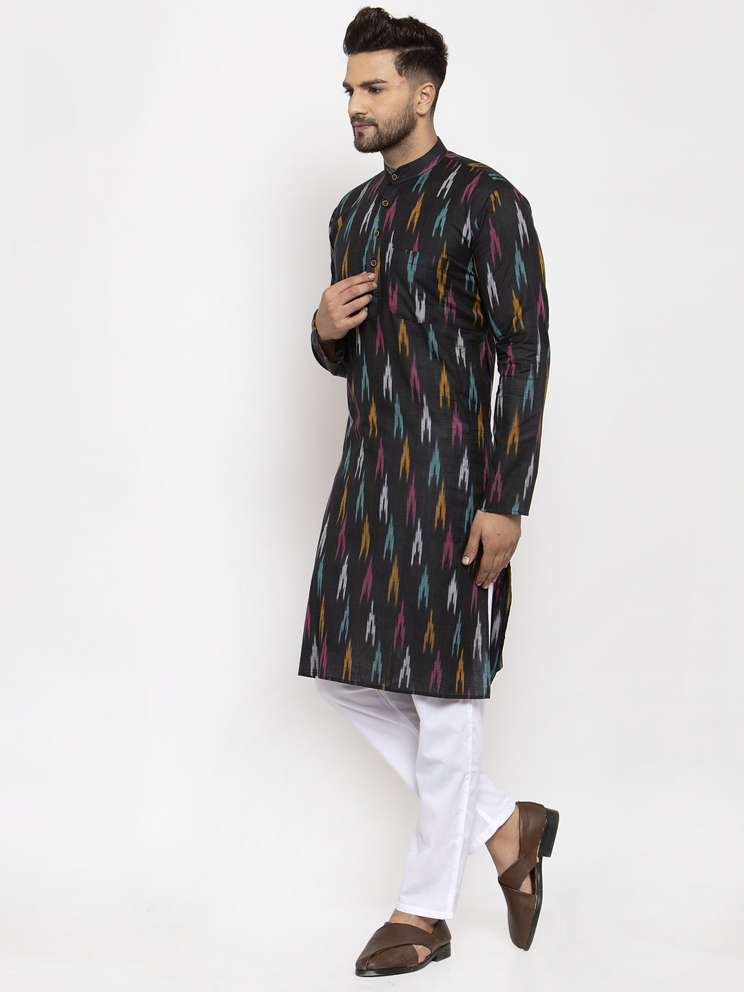 Jompers Men Black Woven Design Ikkat Straight Kurta with Churidar