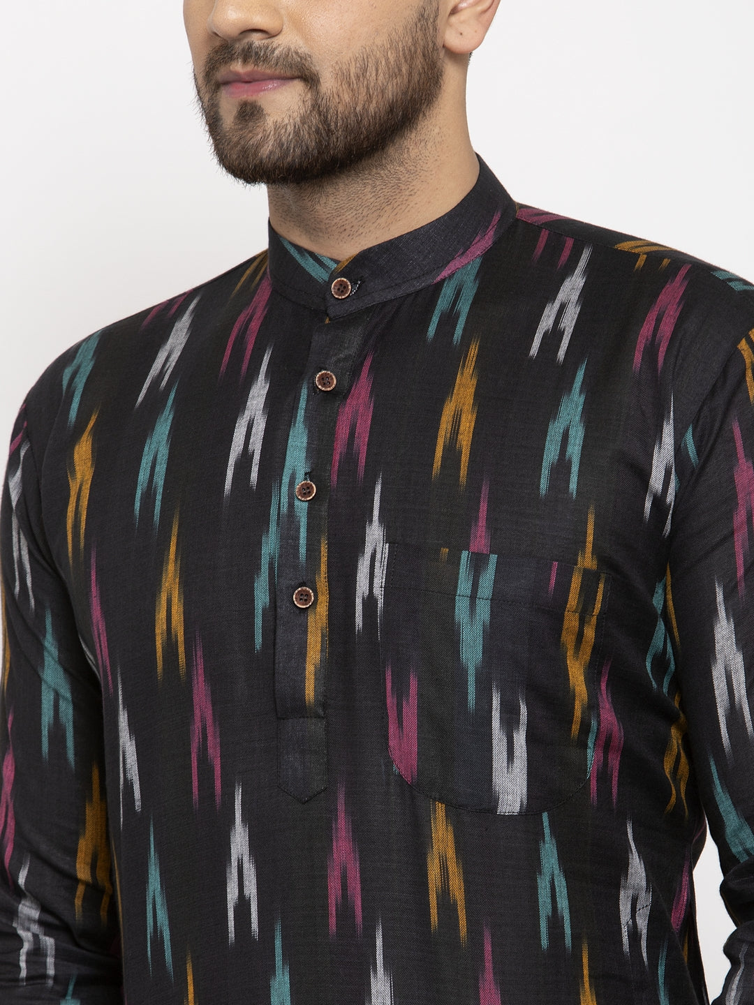 Jompers Men Black Woven Design Ikkat Straight Kurta with Churidar
