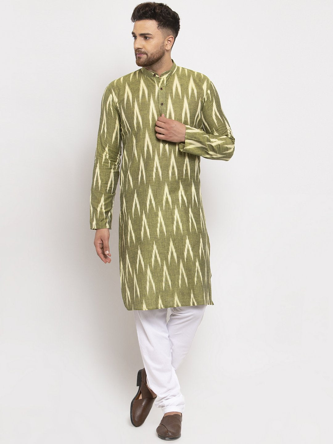 Jompers Men Green Woven Design Ikkat Straight Kurta Only