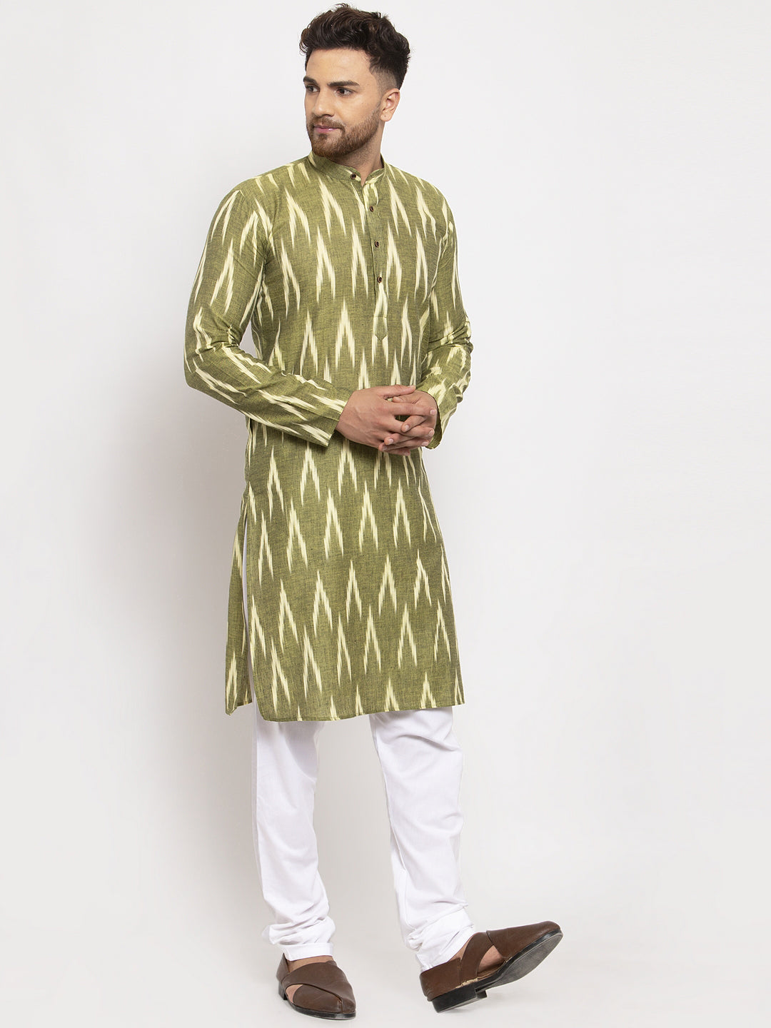 Jompers Men Green Woven Design Ikkat Straight Kurta with Churidar