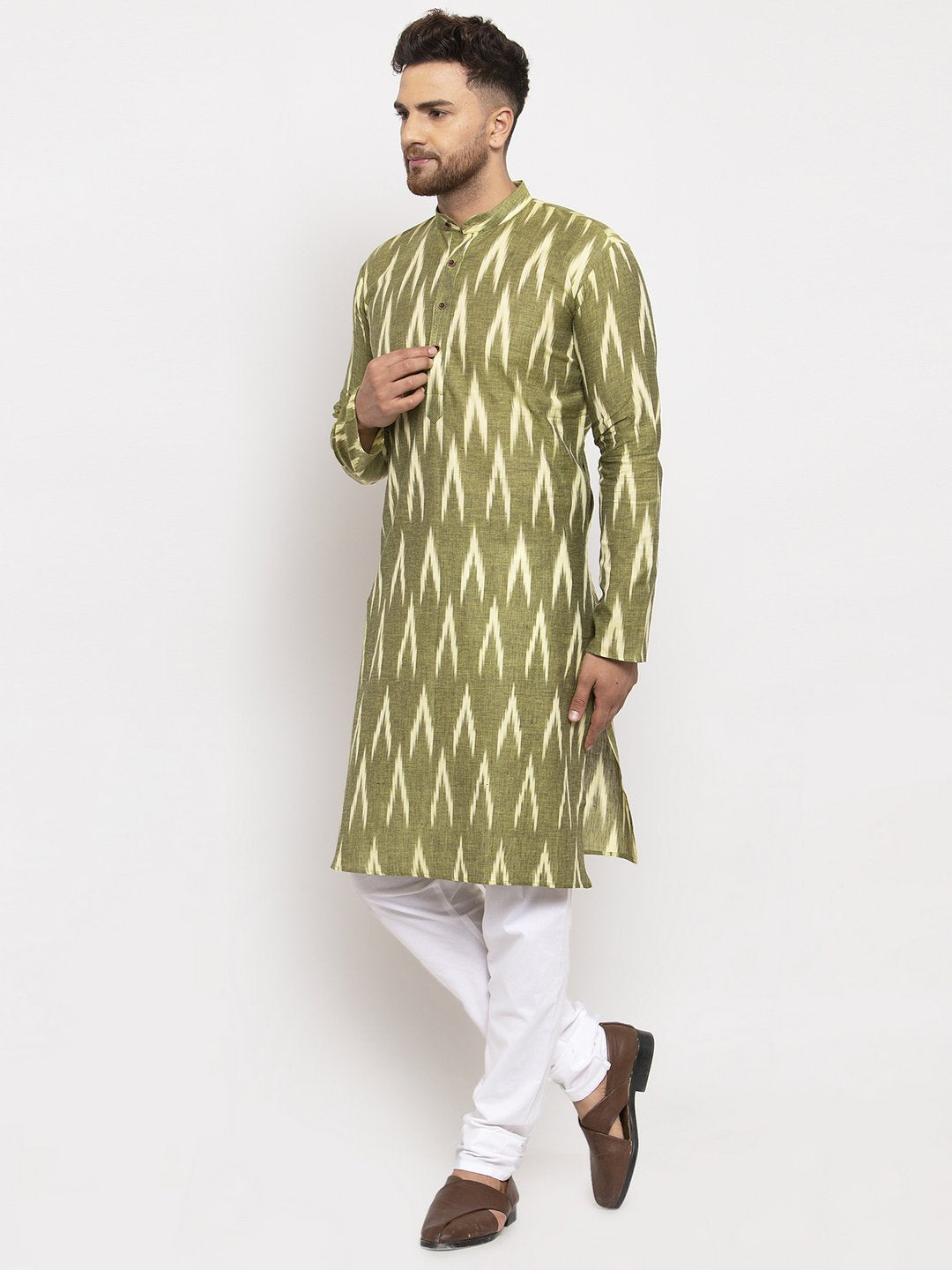 Jompers Men Green Woven Design Ikkat Straight Kurta Only