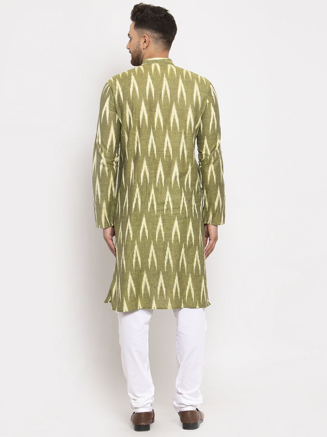 Jompers Men Green Woven Design Ikkat Straight Kurta with Churidar