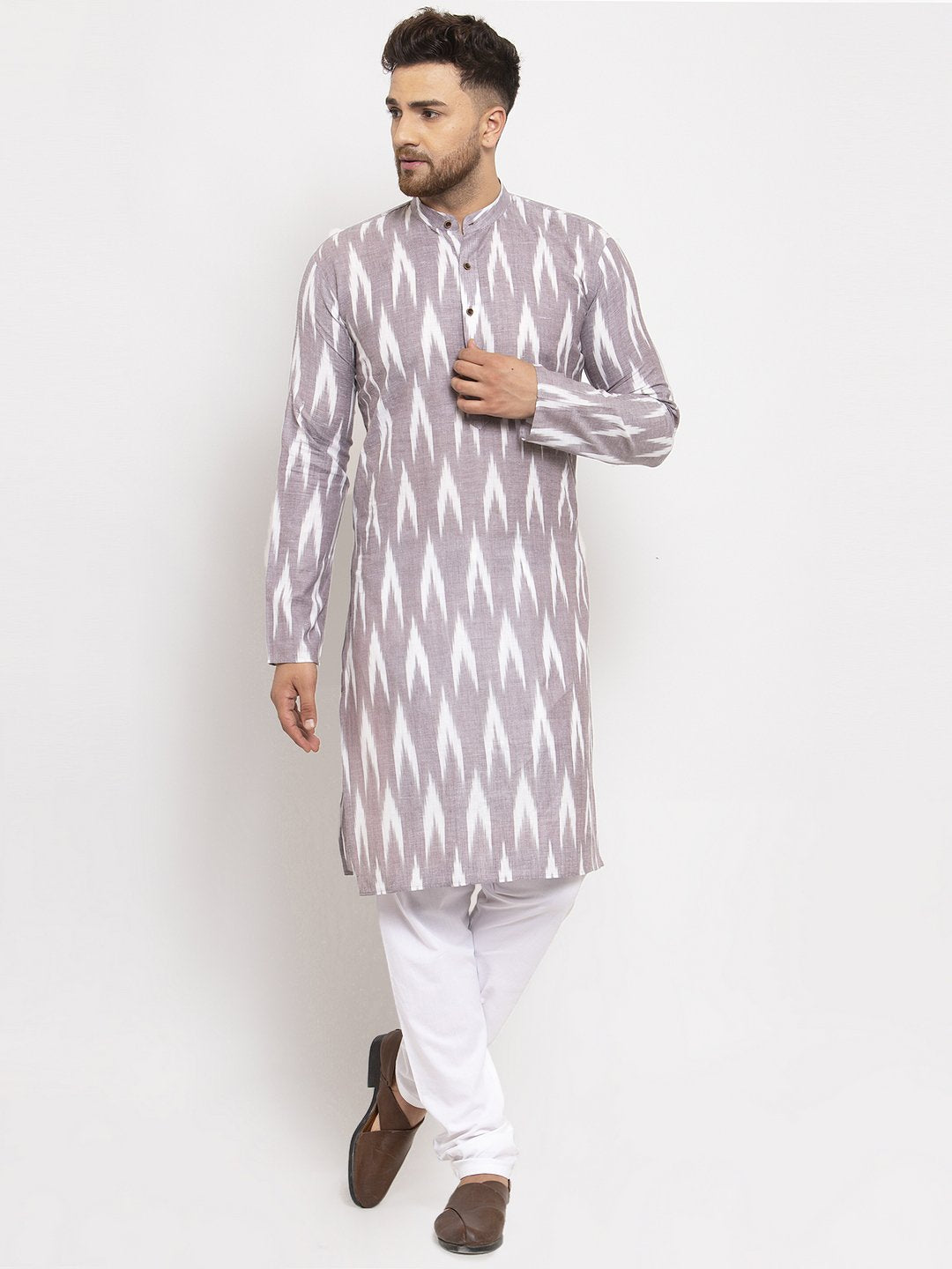 Jompers Men Grey Woven Design Ikkat Straight Kurta Only