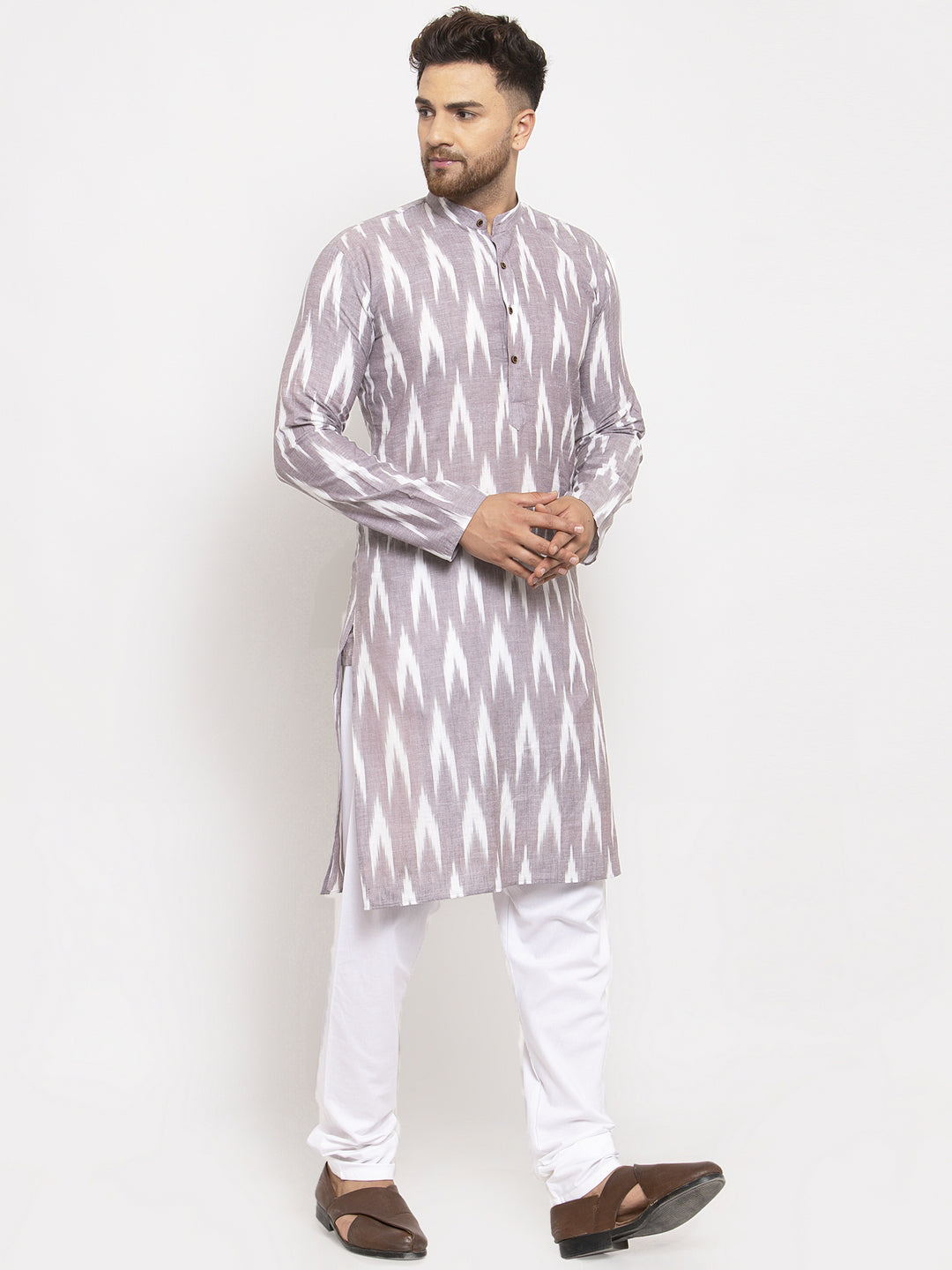Jompers Men Grey Woven Design Ikkat Straight Kurta with Churidar