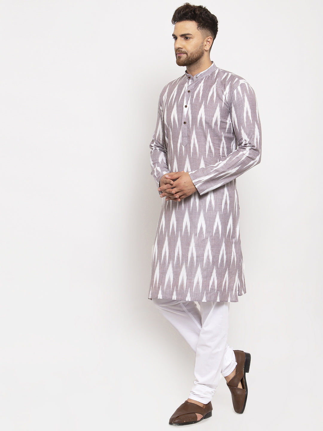 Jompers Men Grey Woven Design Ikkat Straight Kurta with Churidar