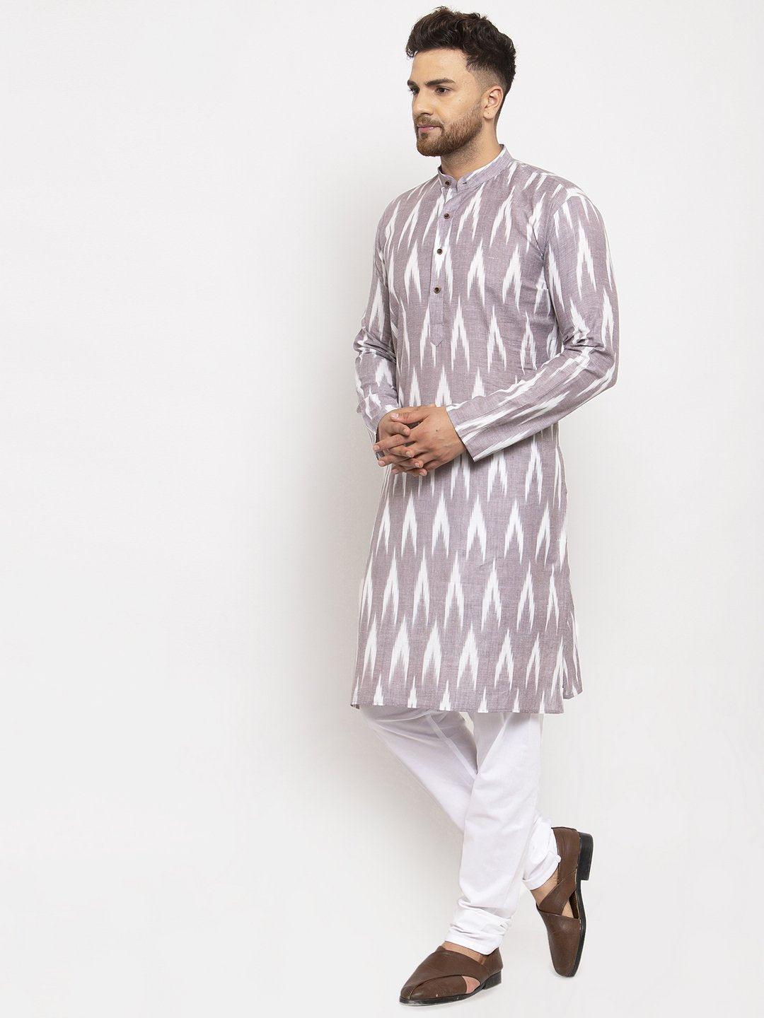 Jompers Men Grey Woven Design Ikkat Straight Kurta Only
