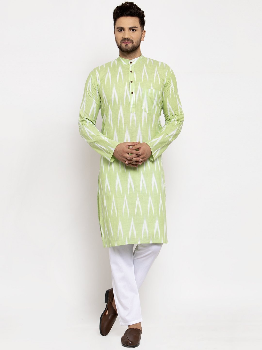 Jompers Men Lime Green Woven Design Ikkat Straight Kurta Only