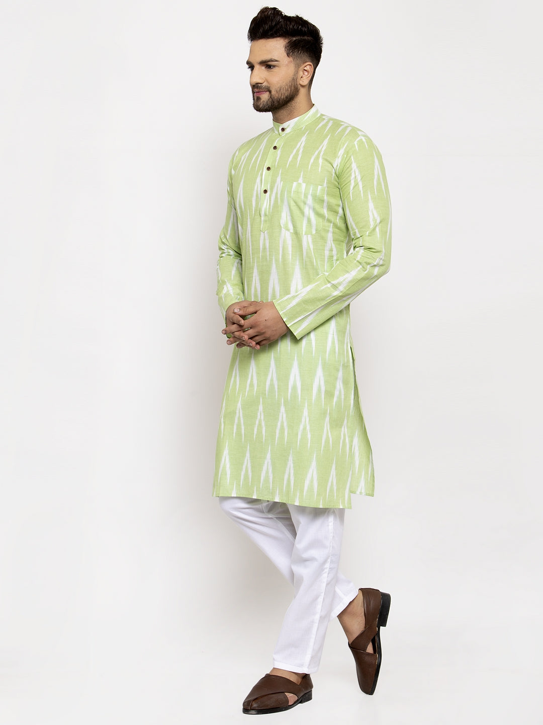 Jompers Men Lime Green Woven Design Ikkat Straight Kurta with Churidar