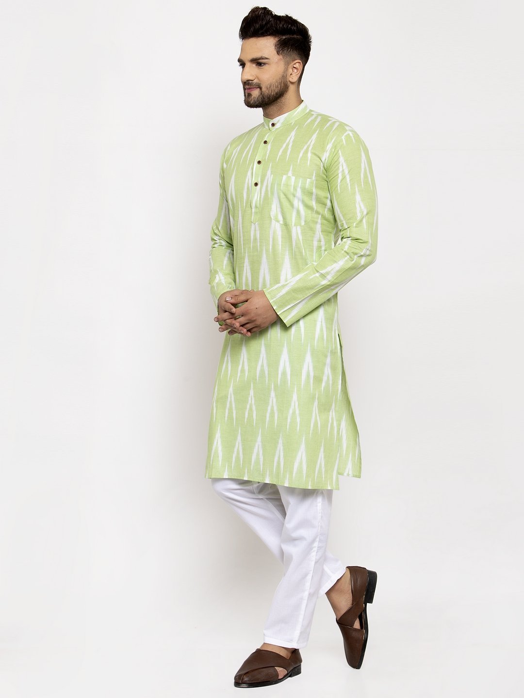 Jompers Men Lime Green Woven Design Ikkat Straight Kurta Only