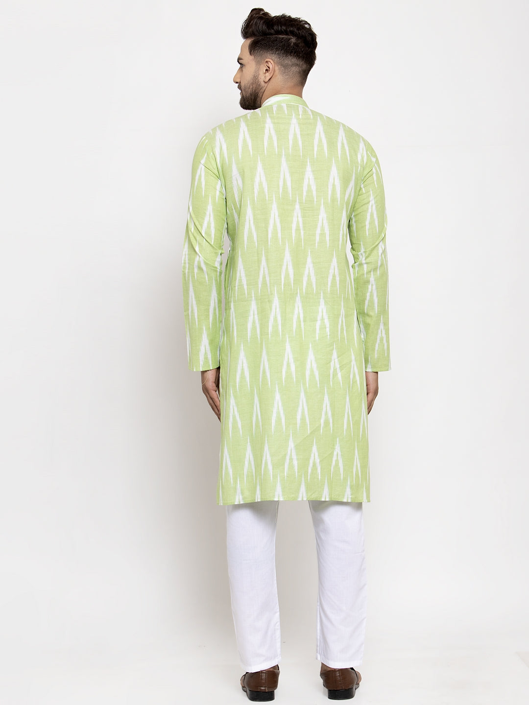 Jompers Men Lime Green Woven Design Ikkat Straight Kurta with Churidar