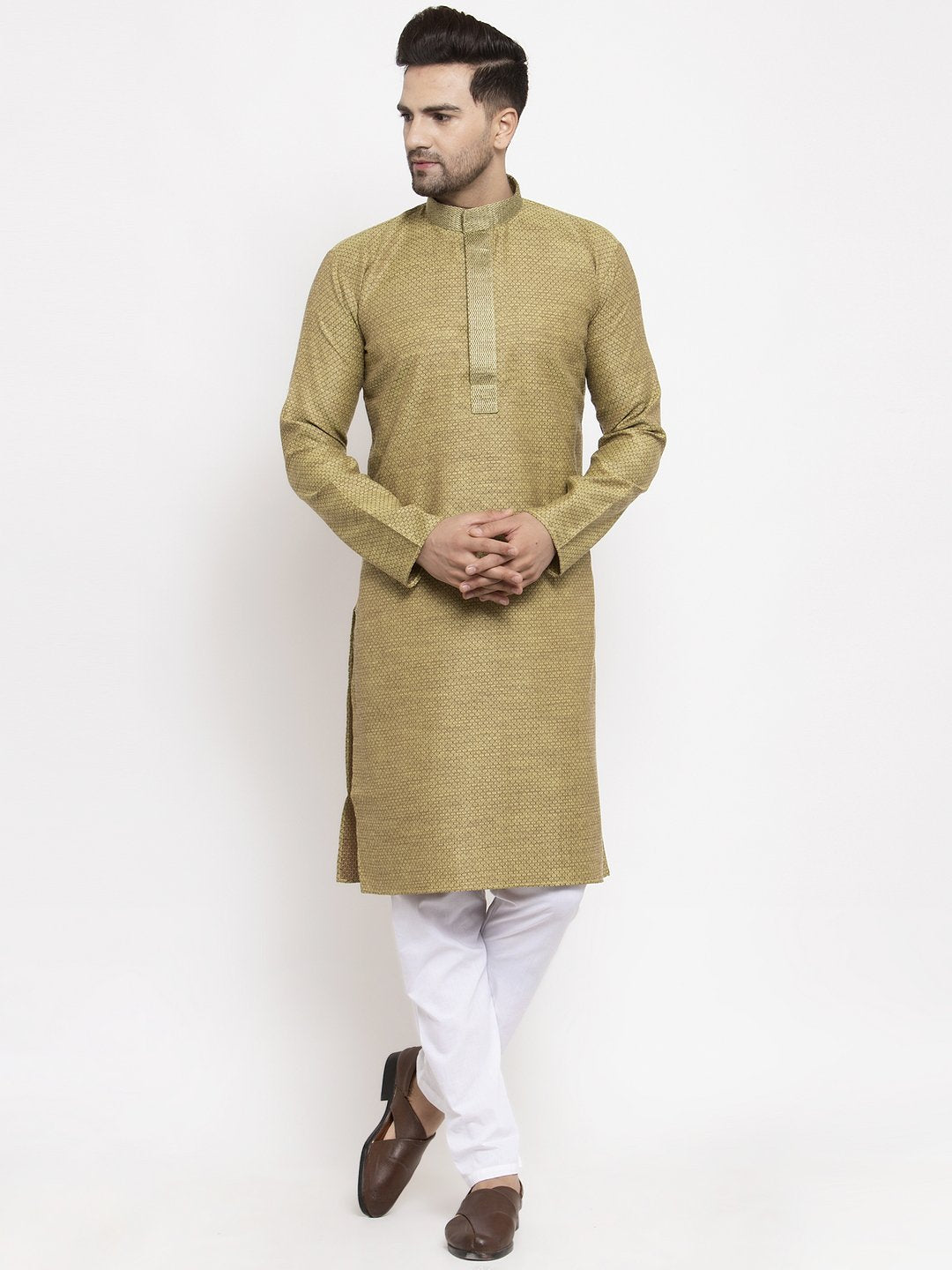 Jompers Men Olive Green Embroidered Kurta Only