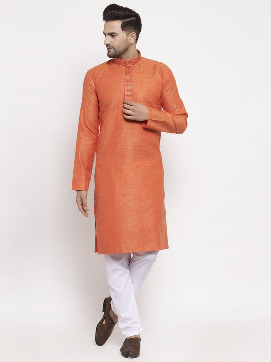 Jompers Men Orange Embroidered Kurta with Pyjamas