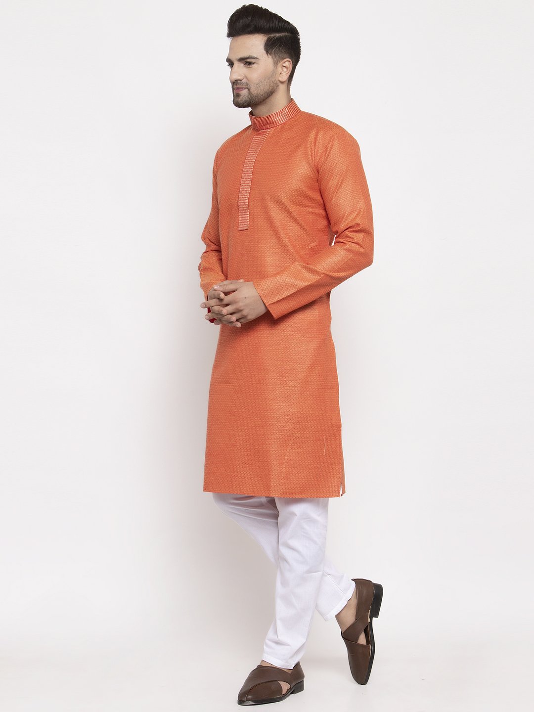Jompers Men Orange Embroidered Kurta Only