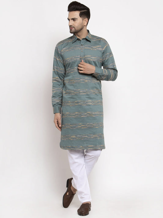 Jompers Men Green And White Woven Design Kurta with Pyjamas