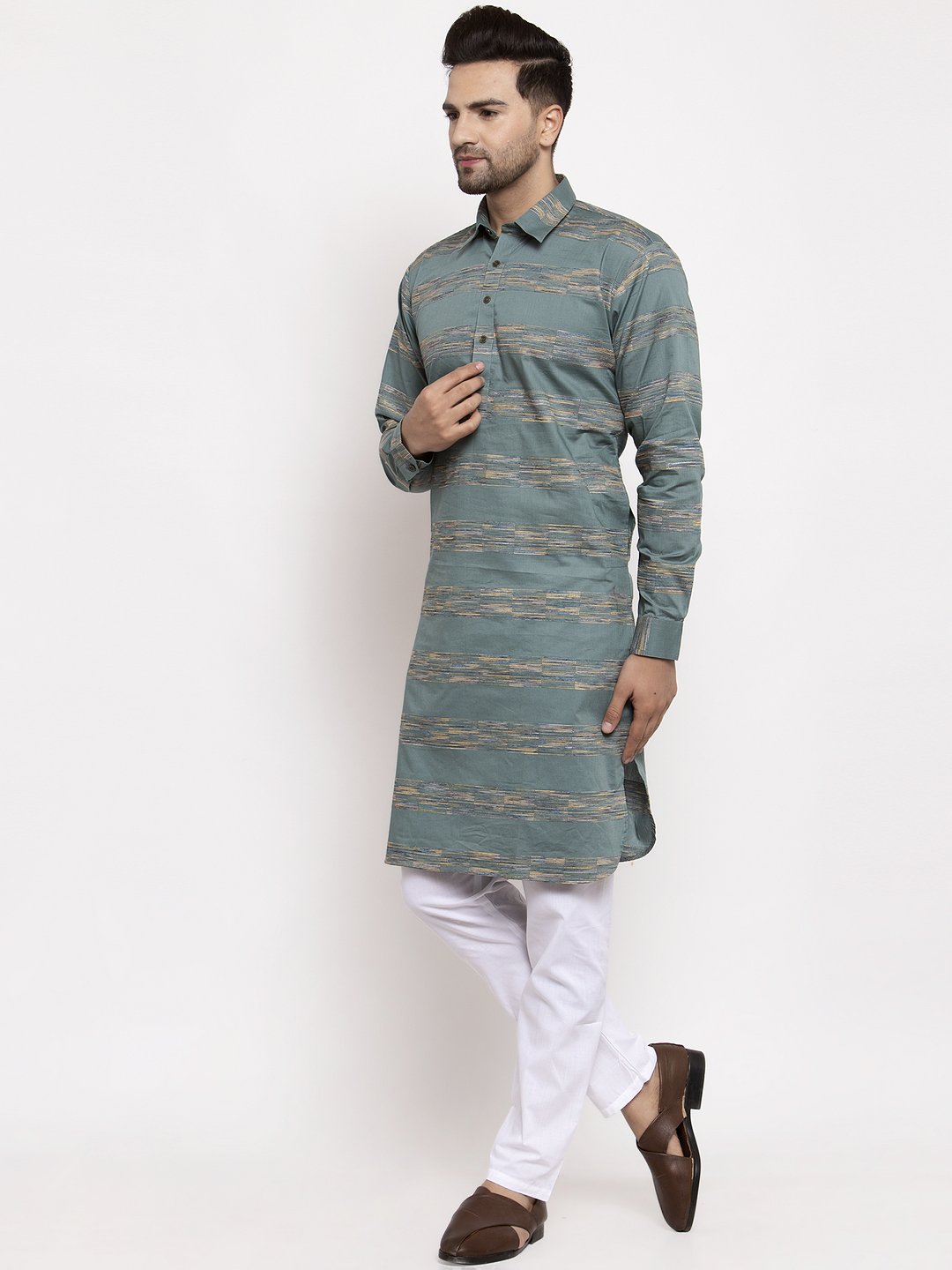 Jompers Men Green & White Woven Design Kurta Only