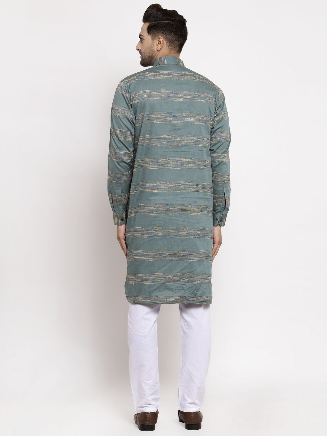 Jompers Men Green And White Woven Design Kurta with Pyjamas