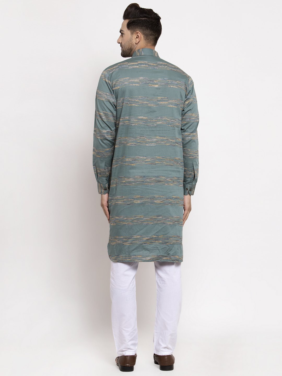 Jompers Men Green & White Woven Design Kurta Only