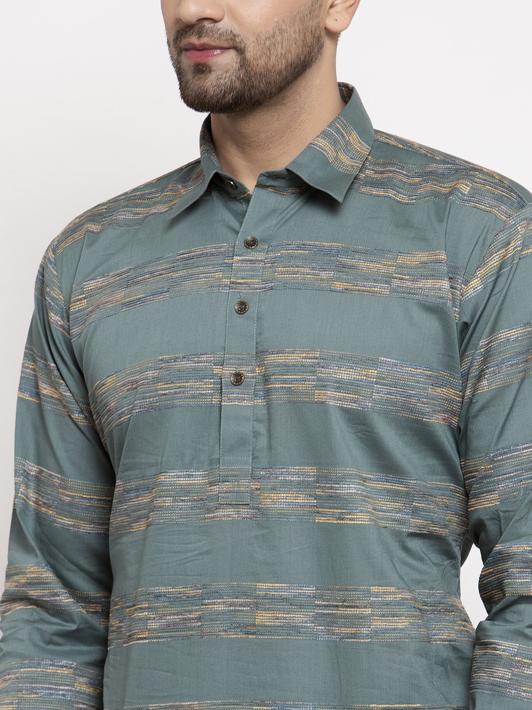 Jompers Men Green & White Woven Design Kurta Only