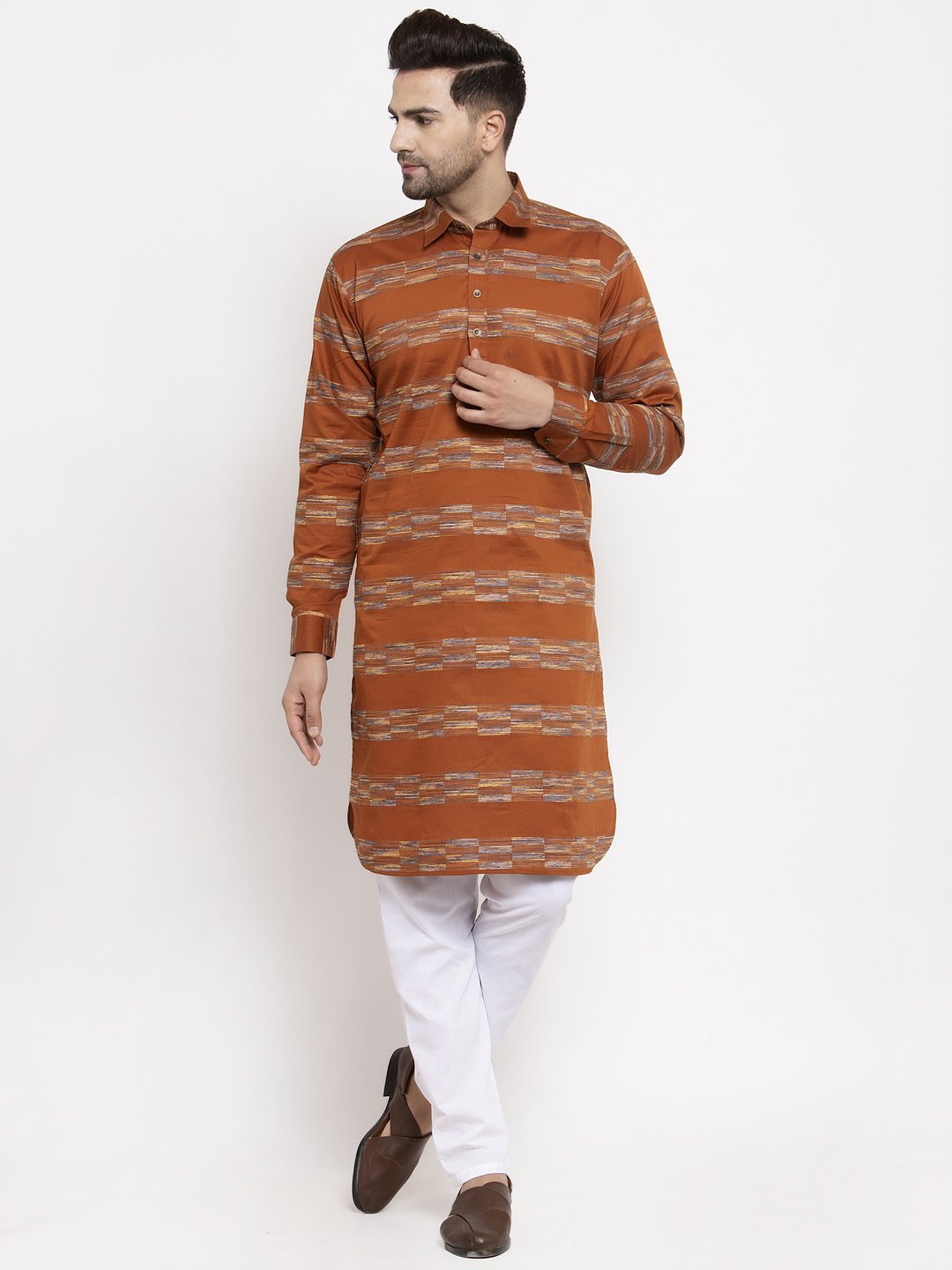 Jompers Men Mustard & White Woven Design Kurta Only