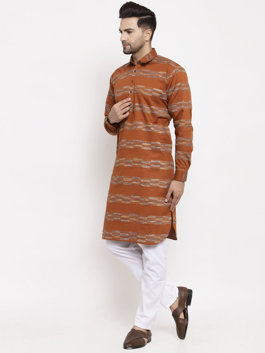 Jompers Men Mustard And White Woven Design Kurta with Pyjamas
