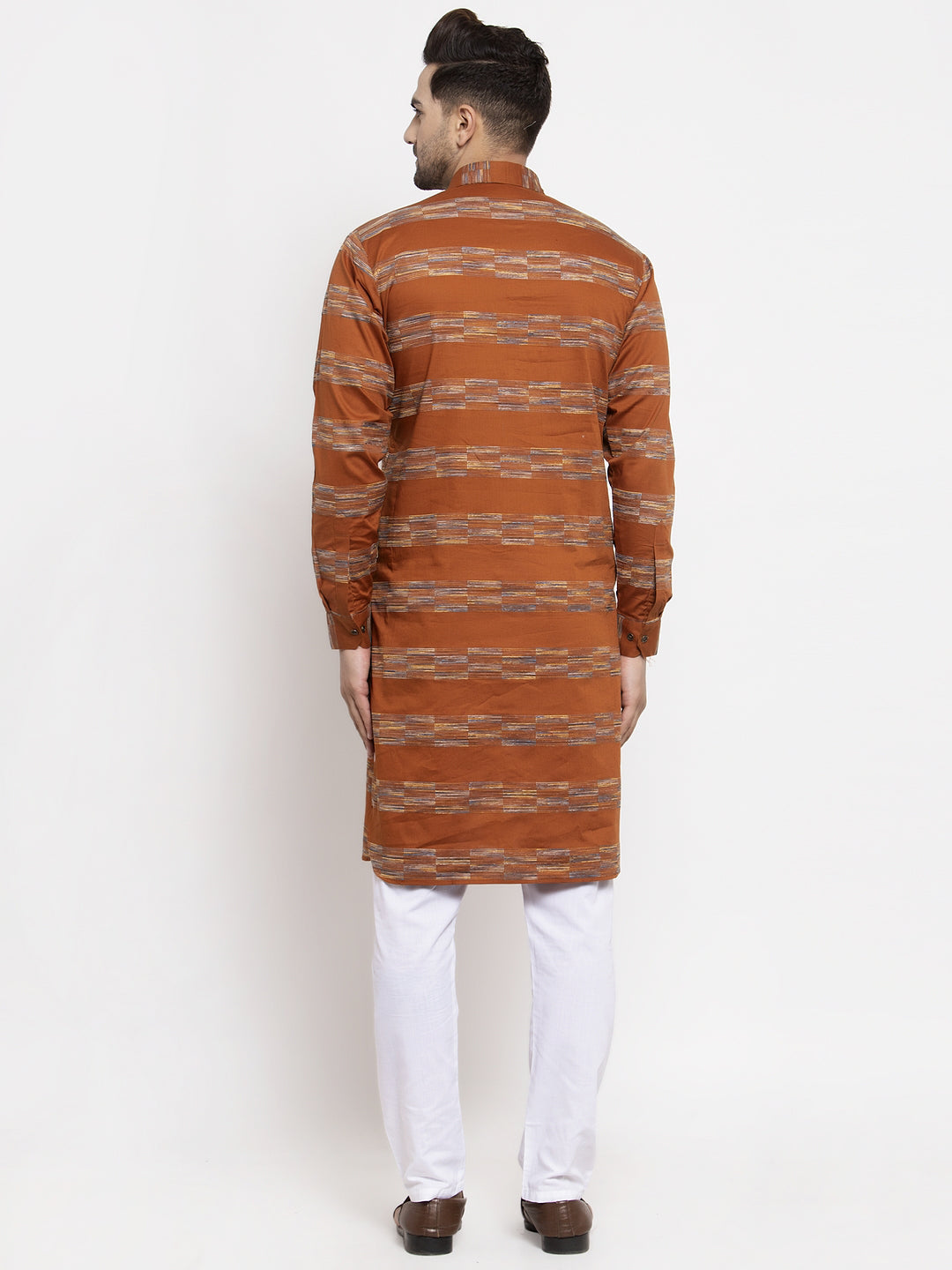 Jompers Men Mustard And White Woven Design Kurta with Pyjamas