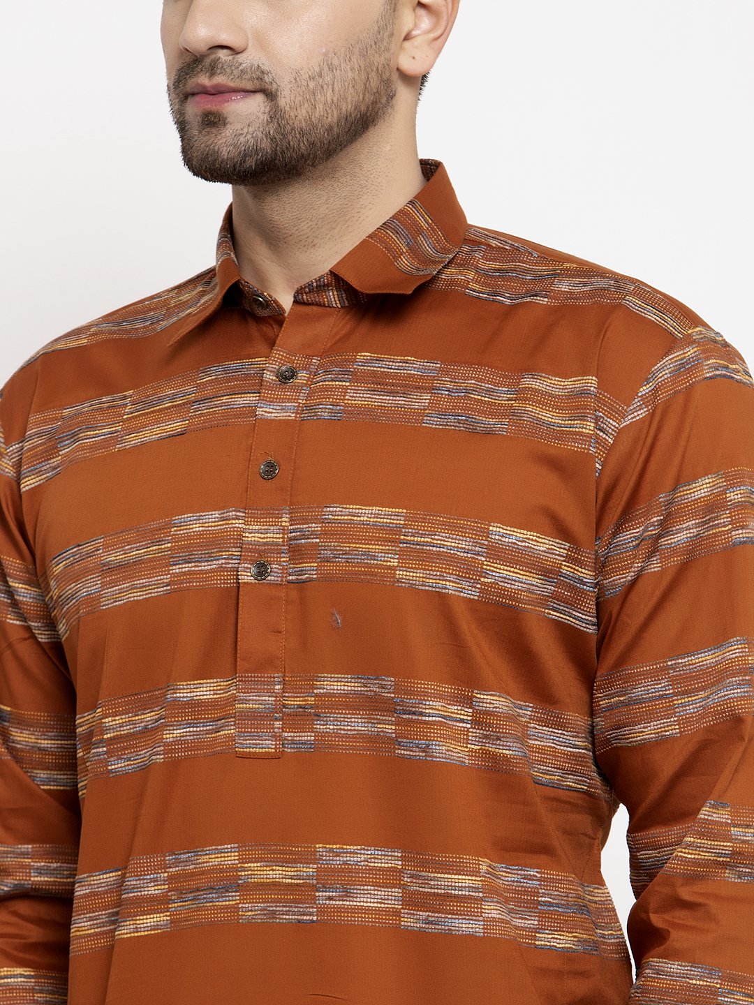 Jompers Men Mustard & White Woven Design Kurta Only