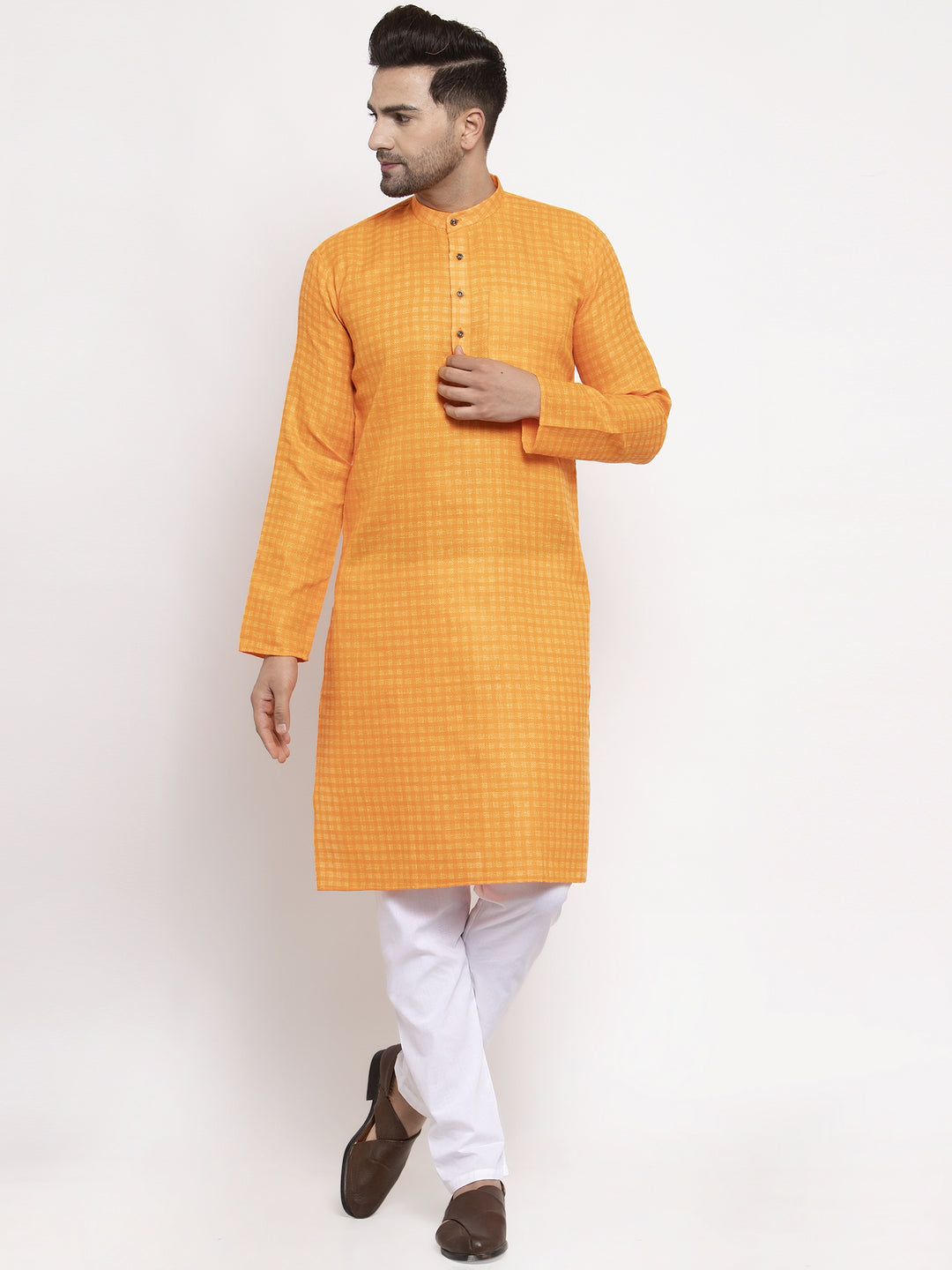 Jompers Men's Beautiful Yellow Woven Kurta Only