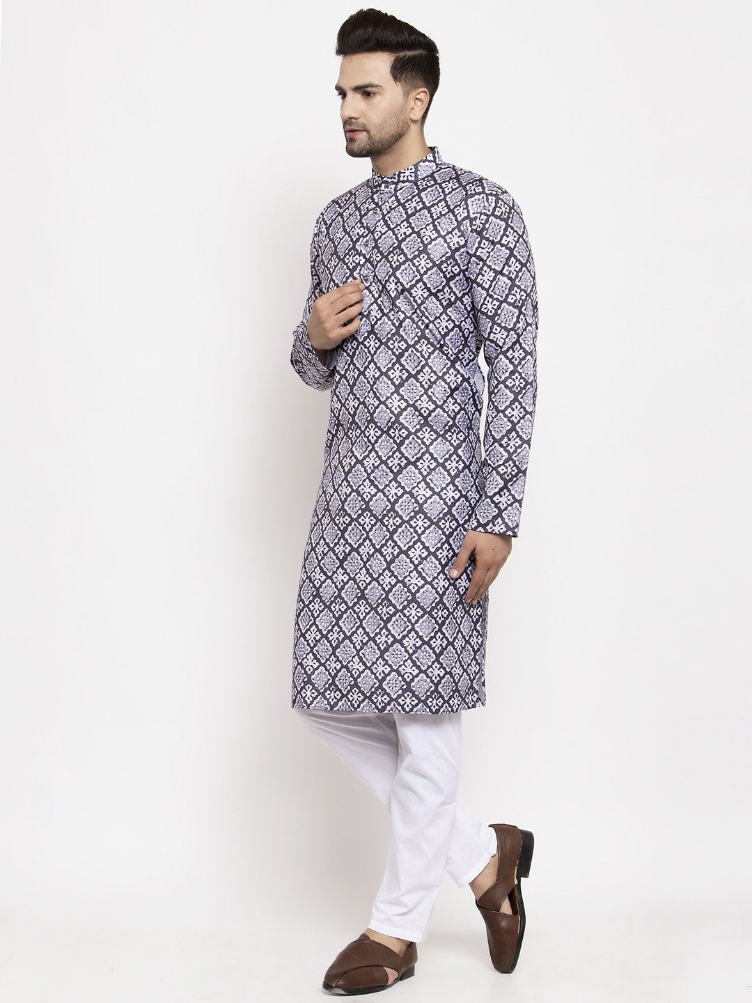 Jompers Men Blue & White Printed Kurta Only