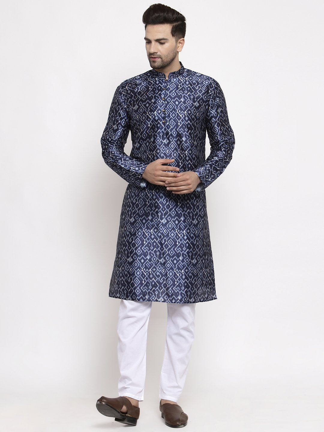 Jompers Men Navy Blue & White Printed Kurta Only
