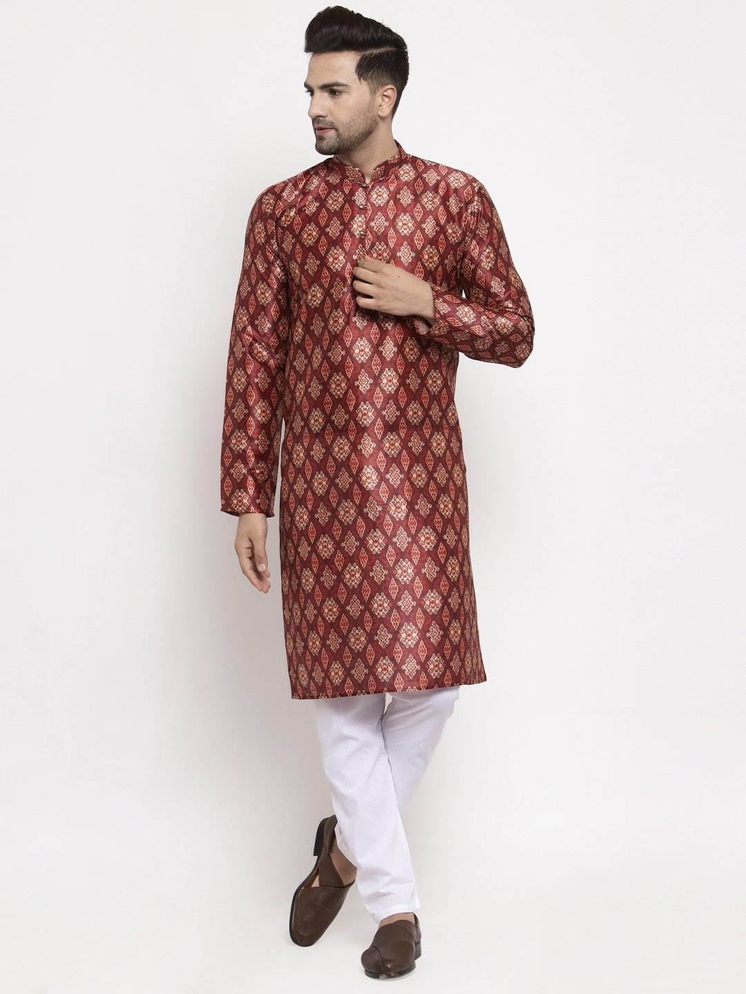 Jompers Men Maroon Printed Kurta Only