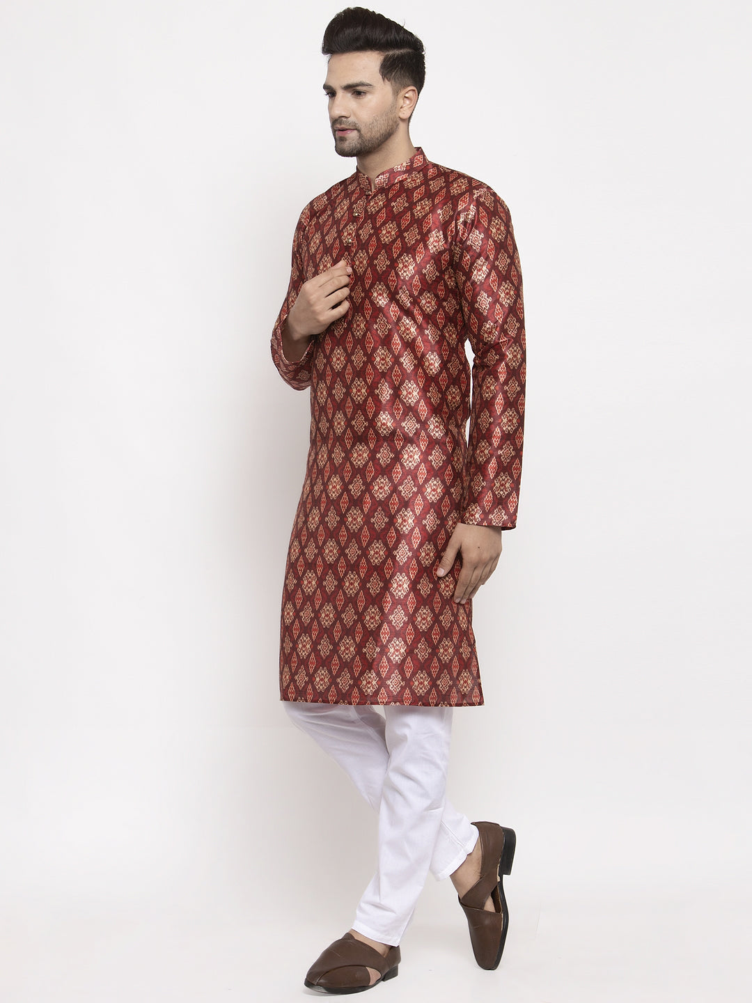 Jompers Men Maroon Printed Kurta with Pyjamas