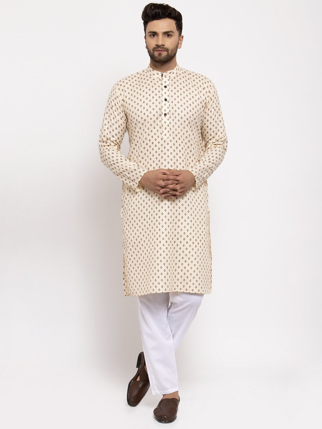 Jompers Men Cream-Coloured Printed Kurta Only