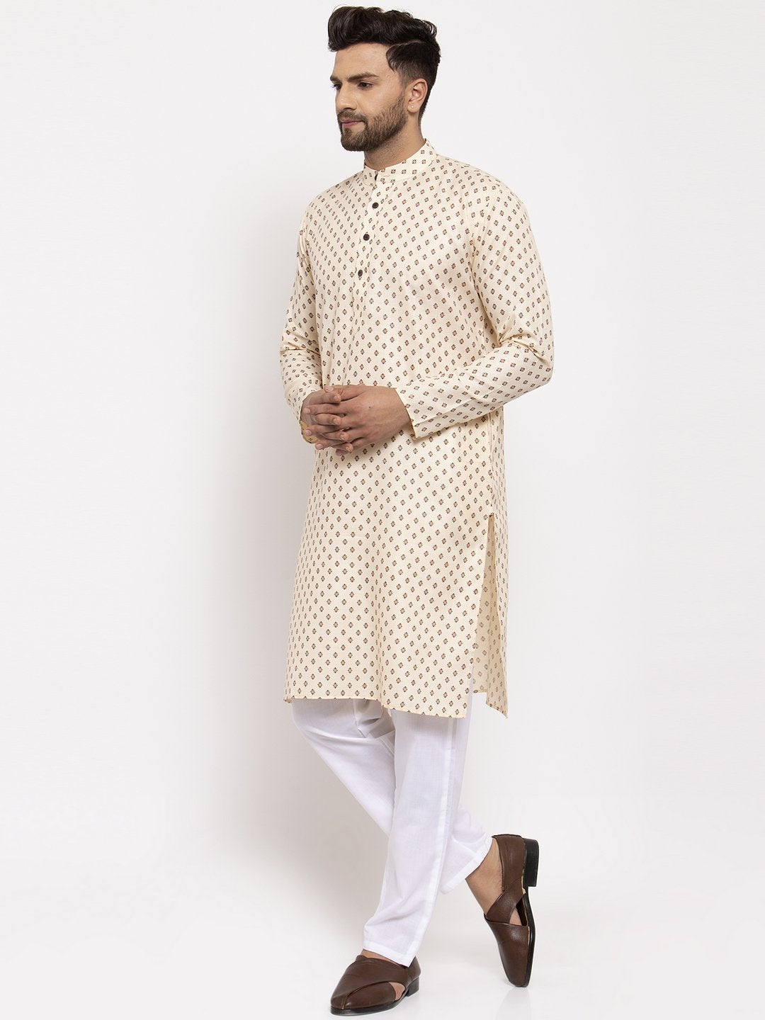 Jompers Men Cream-Coloured Printed Kurta Only
