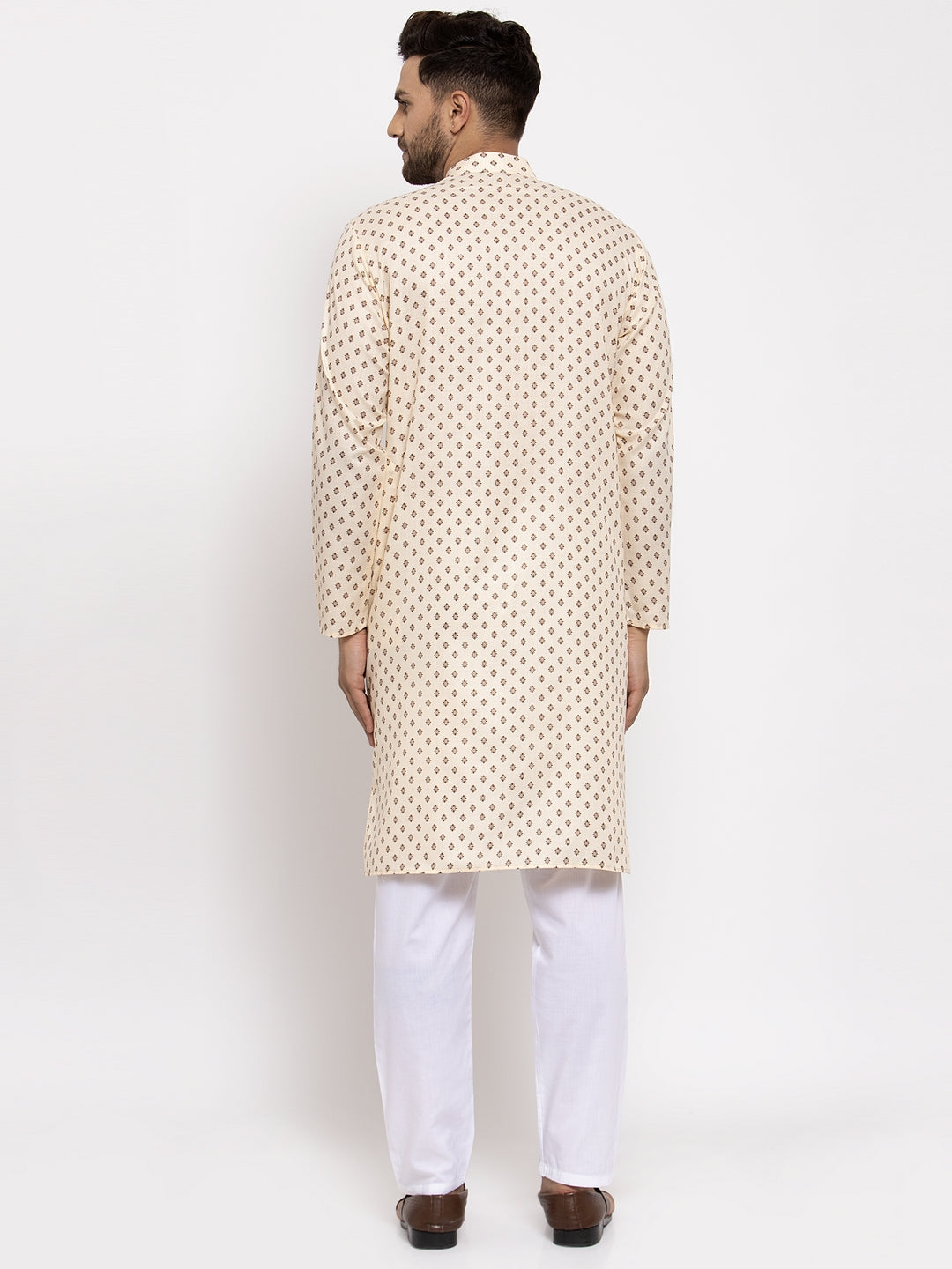 Jompers Men Cream-Coloured Printed Kurta with Pyjamas